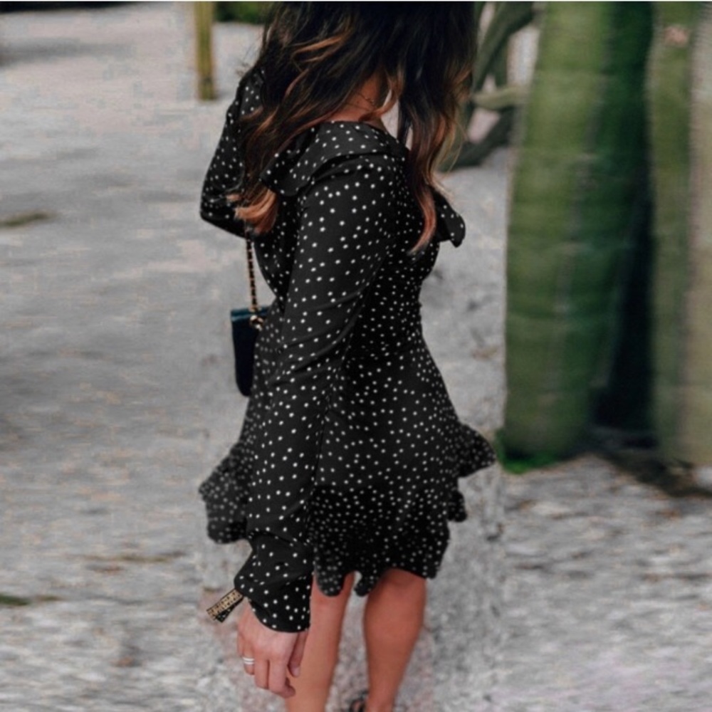 The “Starla” Black & White Star Print Wrap Dress - Picture 3 of 6